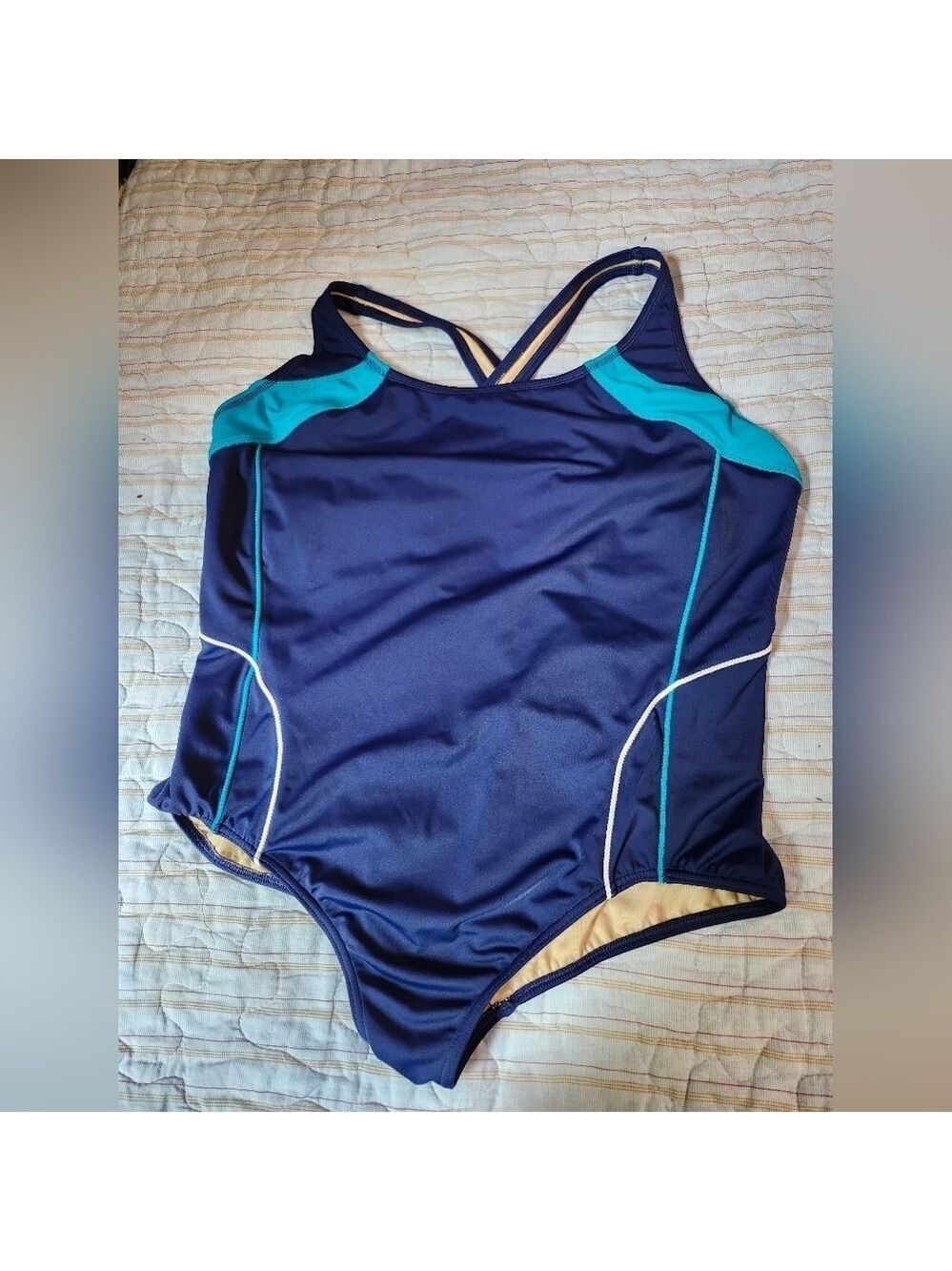 Lands' End Criss Cross One Piece Swimsuit - Navy and Teal Sz 18W